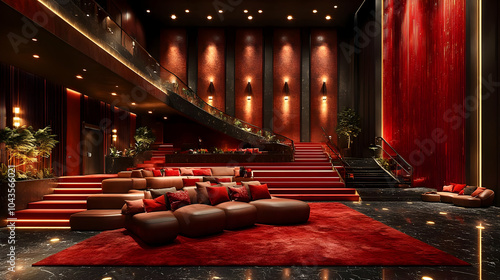 Modern Home Theater Interior Design with Red Accents - 3D Illustration