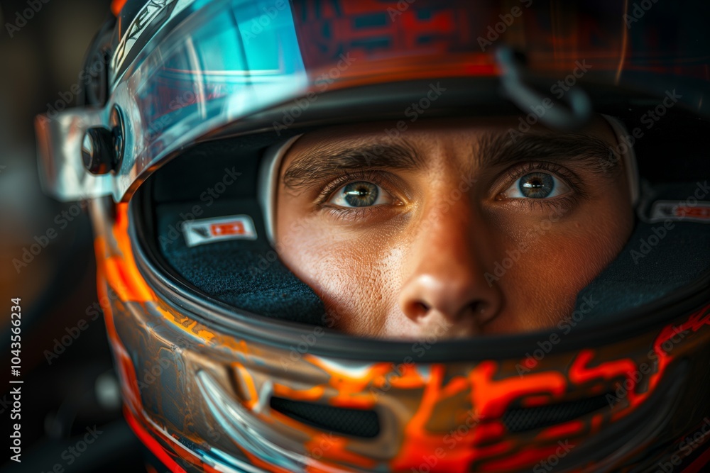 Focused race car driver in helmet with intense eyes, ready for action. Focused race car driver in helmet with intense eyes, ready for action.