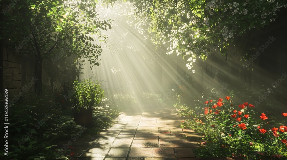 Forest pathway lit by a golden sunrise with blooming flowers. Forest pathway lit by a golden sunrise with blooming flowers.