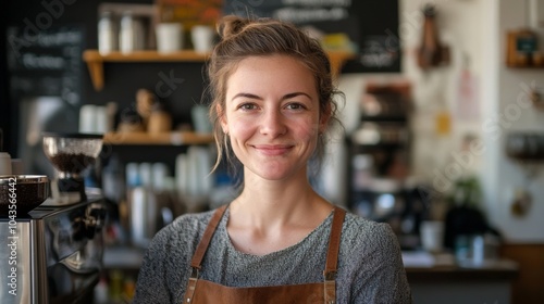 woman waitress at a cafe SMILING AT THE CAMERA