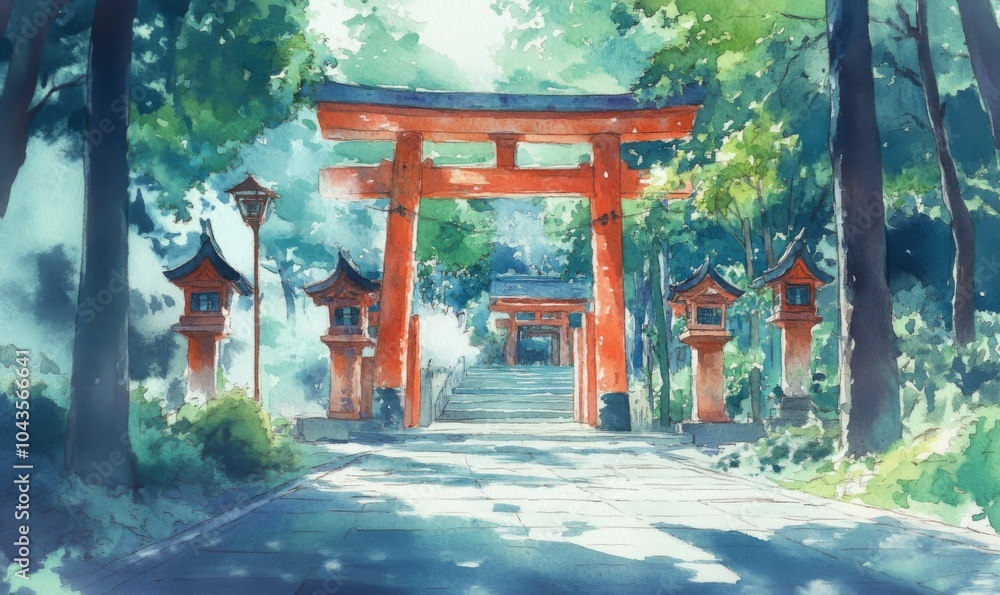 Watercolor Motonosumi Inari Shrine in Yamaguchi,Japan Watercolor Motonosumi Inari Shrine in Yamaguchi,Japan