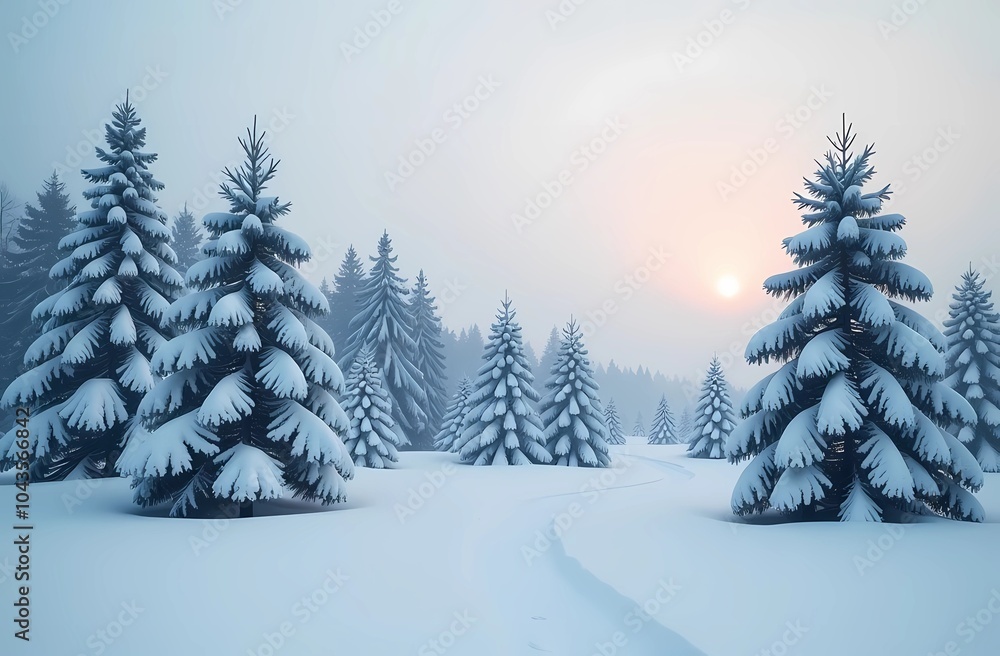 Obraz premium Snowy landscape. Snow-covered Christmas trees in the field.