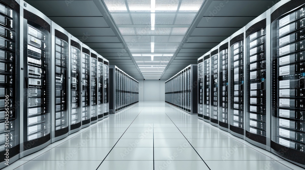 Fototapeta premium A modern data center with rows of servers and a clean, organized layout.