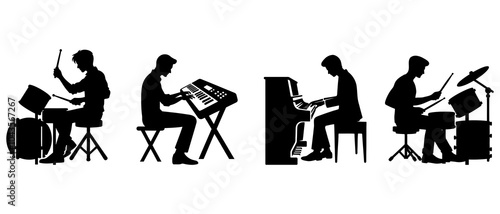 Man playing Keyboard, Piano and Drum silhouette black filled vector Illustration icon.