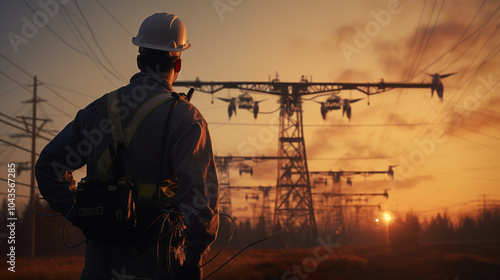 Power Line Maintenance with Drones at Sunset