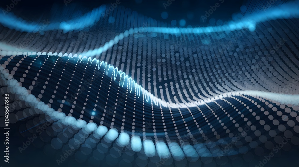 a visually captivating abstract digital background with a deep blue gradient as the base. The design should feature glowing blue dots that form flowing, wave-like patterns, giving a sense of motion an a visually captivating abstract digital background with a deep blue gradient as the base. The design should feature glowing blue dots that form flowing, wave-like patterns, giving a sense of motion an