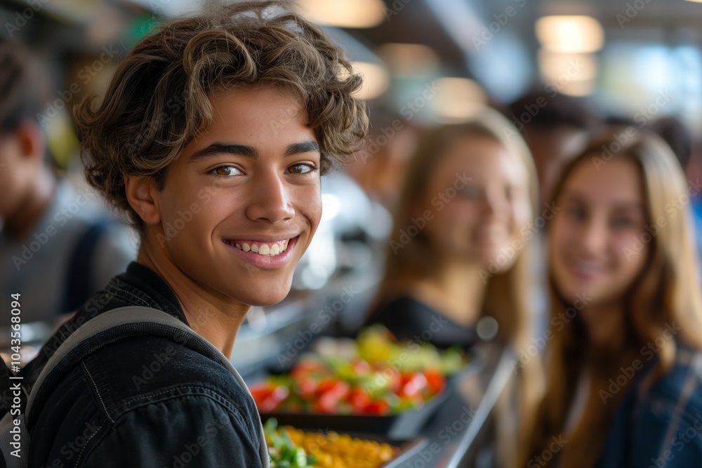 Obraz premium Teens smiling in a school cafeteria, enjoying lunch together. Friendly atmosphere with a variety of food on trays.