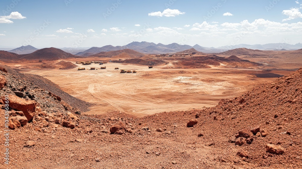 A vast arid landscape with distant mountains and scattered structures under a clear sky. A vast arid landscape with distant mountains and scattered structures under a clear sky.