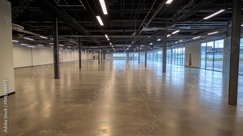 A modern, empty industrial garage with polished concrete floors, dark steel walls, and minimalistic design elements, perfect for a clean, uncluttered look.