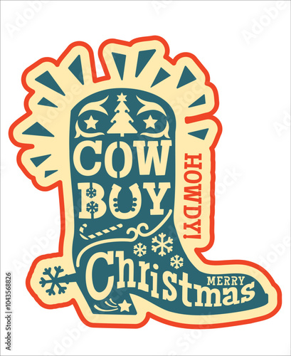 Cowgirl Christmas vector printable design with Cowboy boot silhouette and Cowgirl Christmas text isolated on white. Green boot filled