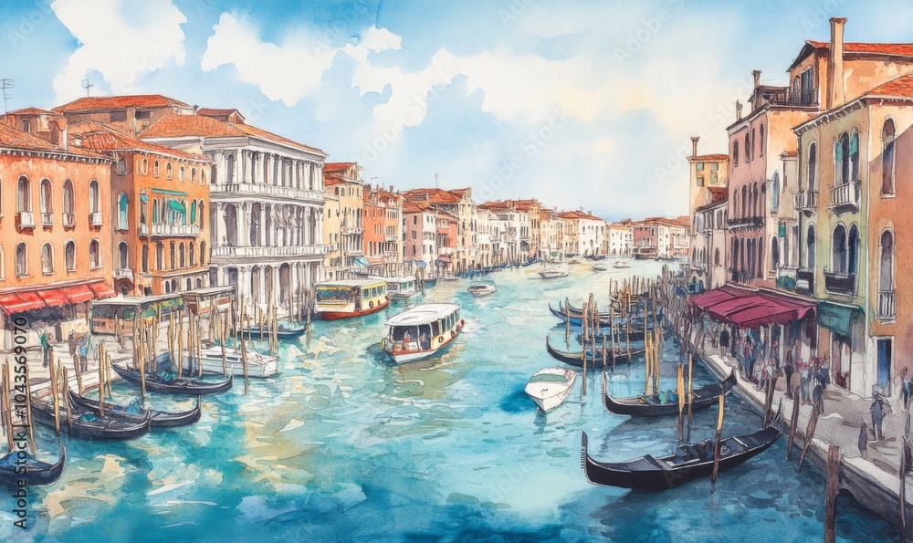 Obraz premium Watercolor Beautiful view of the Grand Canal with boats and colorful facades of old medieval houses from the Rialto Bridge in Venice, Italy. Venice is a popular