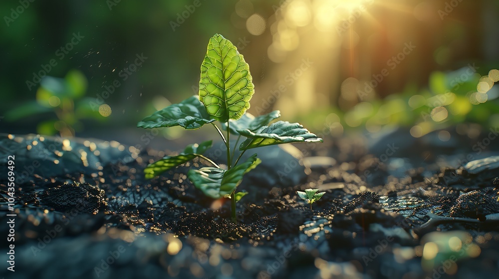 Young green plant sprout growing in forest close up. Sun light on background. Environment, ecology nature theme. Young green plant sprout growing in forest close up. Sun light on background. Environment, ecology nature theme.