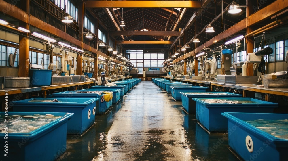 Fototapeta premium A spacious industrial area with blue tanks, likely for aquatic life processing.