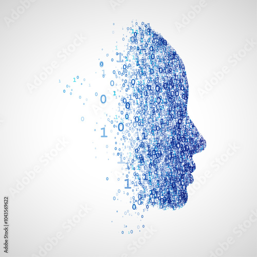 Vector profile of a human face formed by scattered binary numbers symbolizing data, AI, and digital transformation in an abstract style.