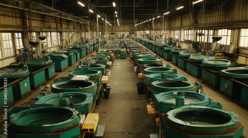 Fototapeta premium A spacious industrial facility with circular tanks, likely for aquaculture or fish farming.