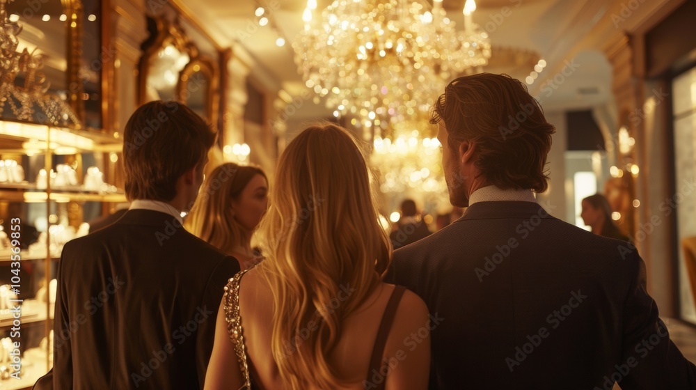 A group of welldressed individuals look in awe at a grand chandelier hanging from the ceiling backs facing the camera as they . . A group of welldressed individuals look in awe at a grand chandelier hanging from the ceiling backs facing the camera as they . .