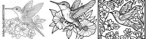 Hummingbird in mid-flight near flowers in front of a black modern illustration, for garden themes. photo