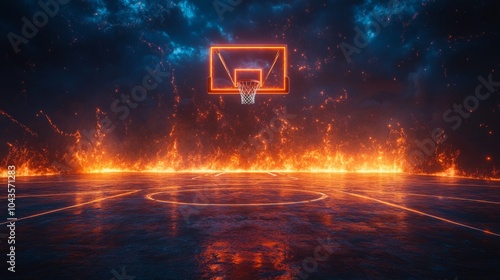 The court is illuminated by vibrant flames, creating an intense atmosphere as the glowing basketball hoop stands out against the dark, stormy backdrop.