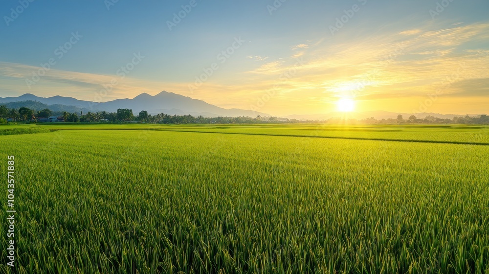 Obraz premium A serene landscape of green rice fields under a sunrise with mountains in the background.