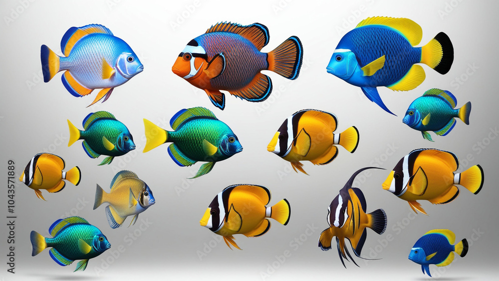 Fototapeta premium Collection of colorful fish on a transparent or white background