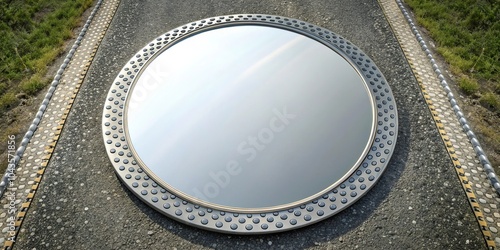 Round perturbing road mirror in a dotted frame high angle view