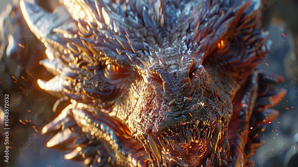 Close up of the head of a dragon, laying on its hoard, its heat making the metal pieces glow red Close up of the head of a dragon, laying on its hoard, its heat making the metal pieces glow red