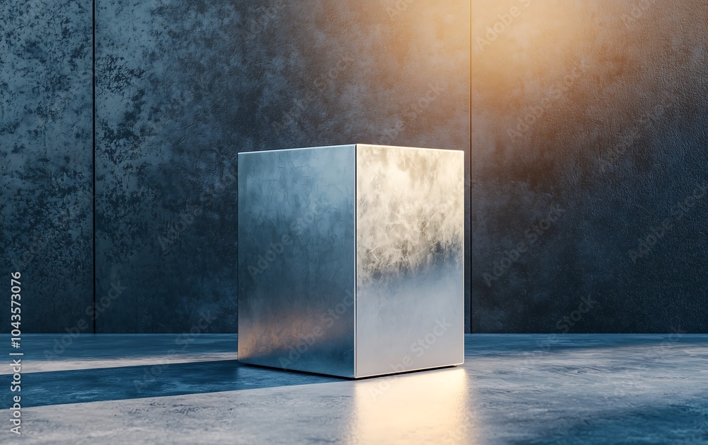 A shiny metallic cube illuminated in a dim room against a textured wall, suggesting a modern, minimalist aesthetic. A shiny metallic cube illuminated in a dim room against a textured wall, suggesting a modern, minimalist aesthetic.