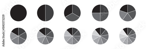 Pie chart infographic set. Circle diagram collection with sections or parts. Segmented circle icons for infographic, data analysis, web design, ui or presentation. Vector illustration.