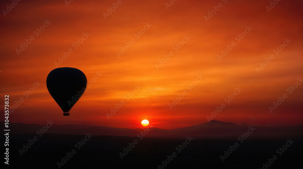 Fototapeta premium Silhouette of hot air balloon floating against dramatic orange sunset sky and mountain landscape, atmospheric adventure travel scene