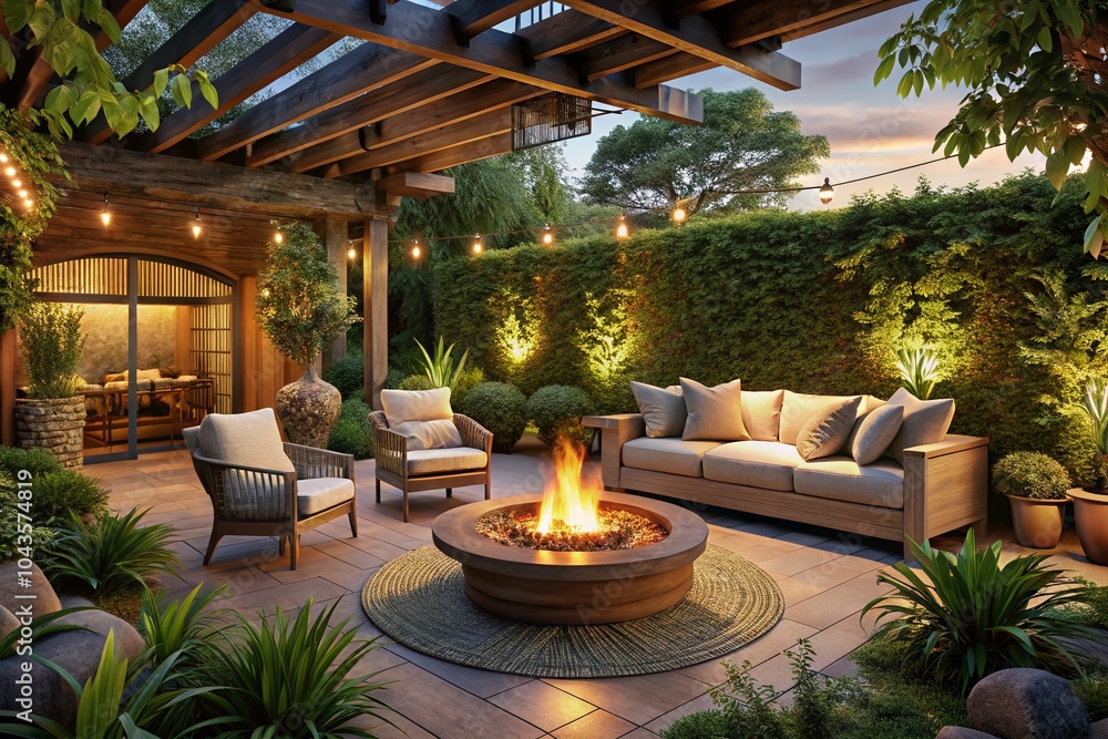 Fototapeta premium Cozy Outdoor Patio with Fire Pit and Warm Lighting for Evening Relaxation