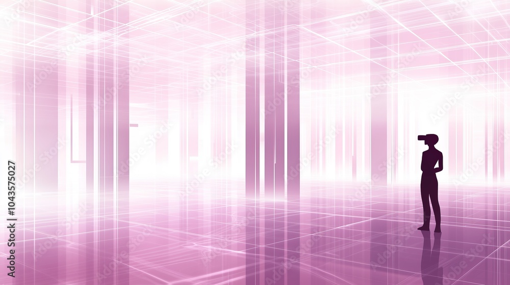 Silhouette of person wearing VR headset standing in pink abstract digital space Silhouette of person wearing VR headset standing in pink abstract digital space