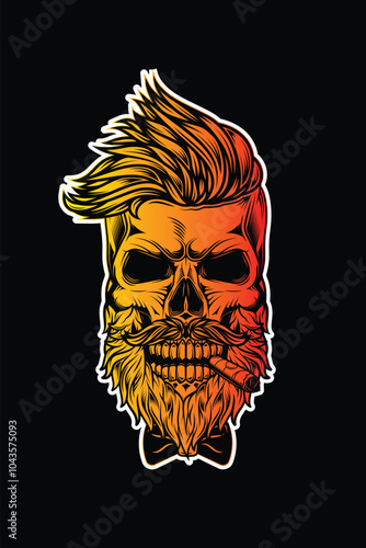 Hipster skull with beard and mustache with cigar in mouth.. Original vector illustration in vintage style. T-shirt design.