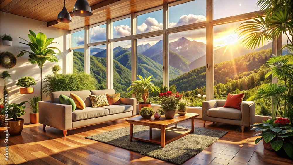Fototapeta premium Cozy Sunlit Room with Mountain View and Modern Furnishings for Peaceful Atmosphere