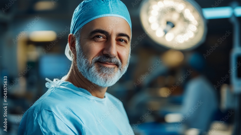 portrait of a professional doctor smiling at the camera with blue suit in operating room portrait of a professional doctor smiling at the camera with blue suit in operating room