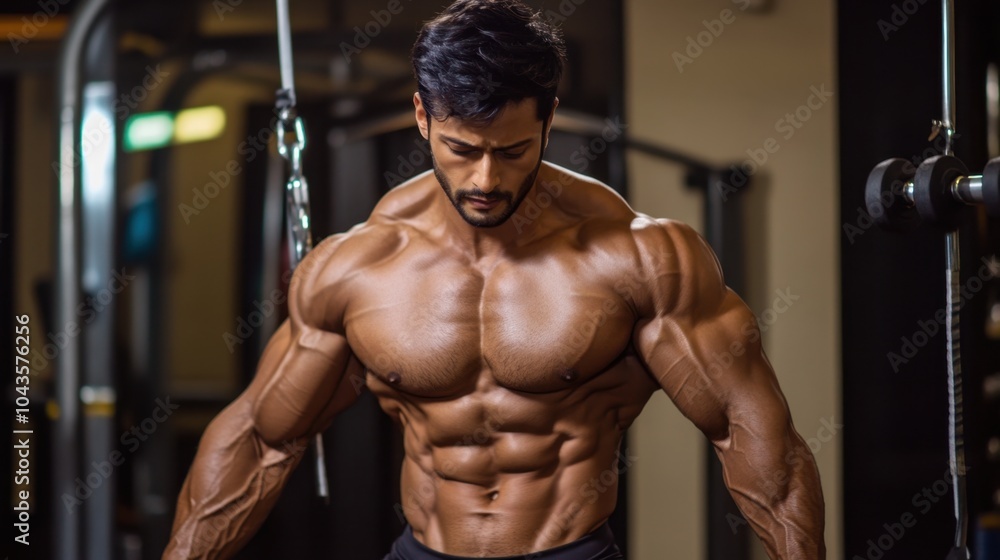 Fitness model with a flawless physique doing resistance training, showing a well-defined, perfect body. Fitness model with a flawless physique doing resistance training, showing a well-defined, perfect body.