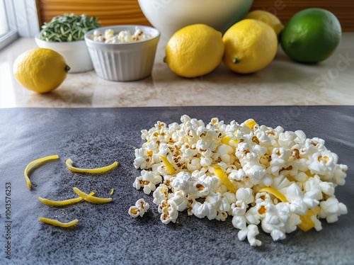 Zesty lemon popcorn glistens in vibrant light, each kernel coated in lemon juice and zest, creating a refreshing snack. The bright kitchen background adds warmth and calm. photo