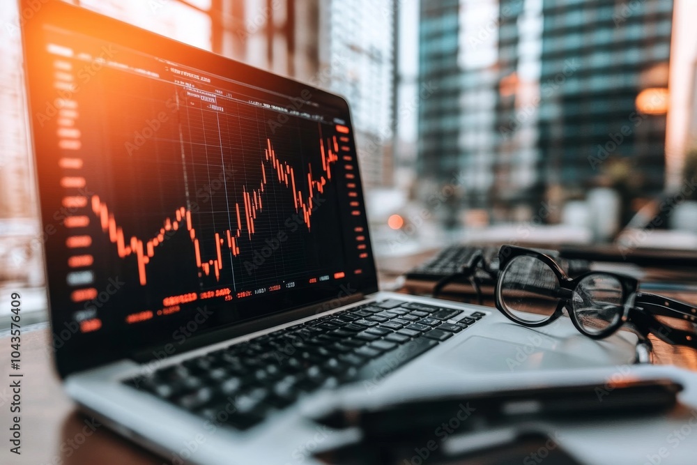 Laptop with Stock Market Data Displayed on Screen Laptop with Stock Market Data Displayed on Screen