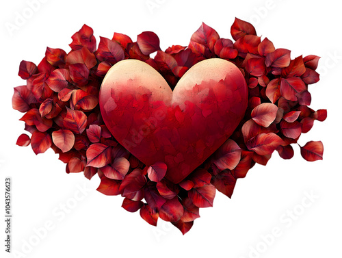 A vibrant red heart surrounded by a bed of petals, symbolizing love and passion.