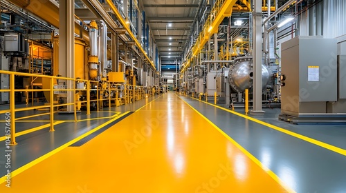 A high-tech interior view of a nuclear power unit’s reactor chamber, featuring control rods being inserted into the reactor core. The space is brightly lit, with metal walkways and advanced machinery  photo