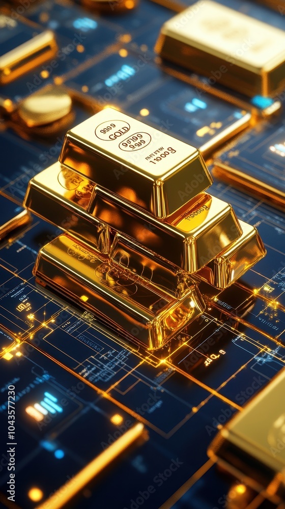 Close-up of robotic arm stacking gold bars