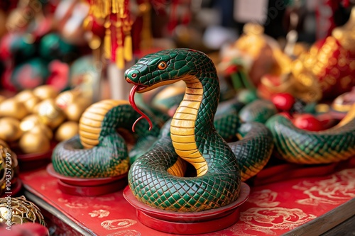 Green wooden snake figurines with red tongues are displayed for sale at a Chinese market stall