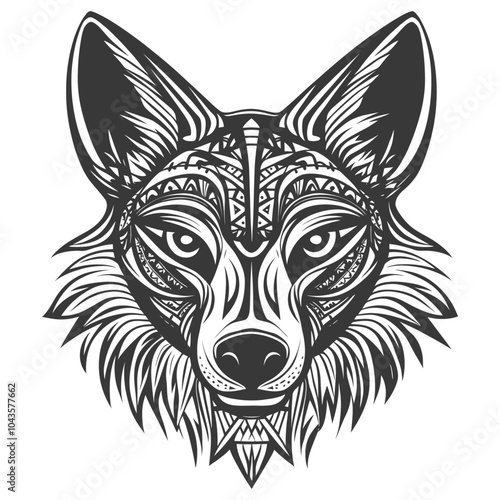 Intricate Black and White Wolf Head Design with Geometric Patterns