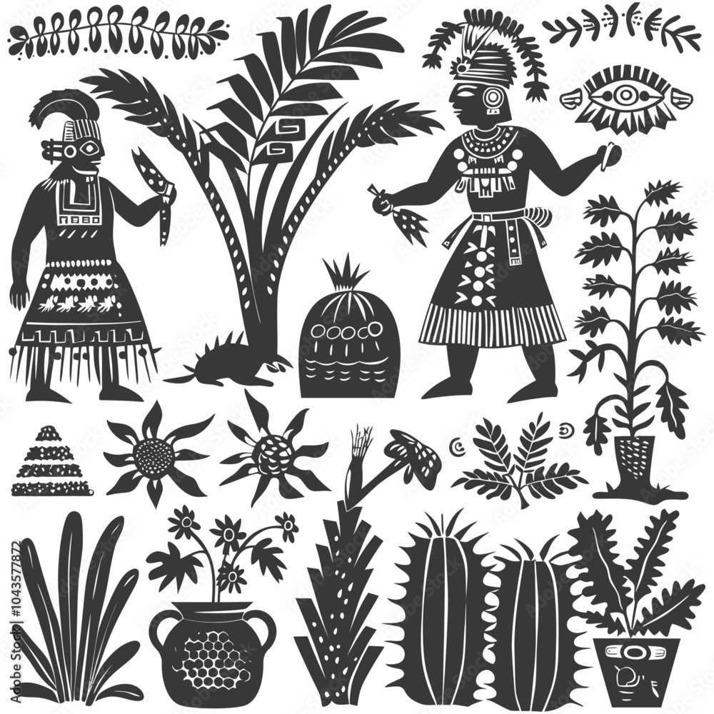 Naklejka premium Indigenous People and Flora in Black and White Stylization
