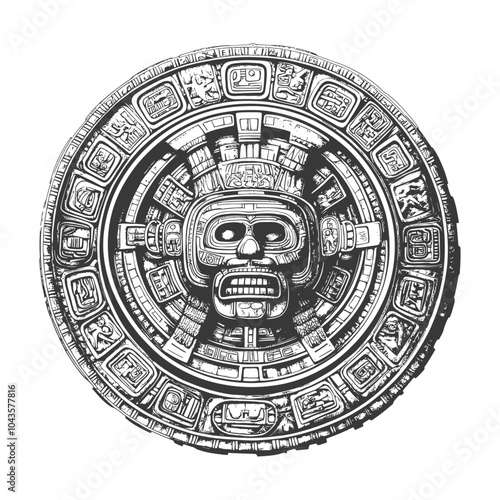 Intricately Carved Circular Stone with a Central Mayan Face Depiction