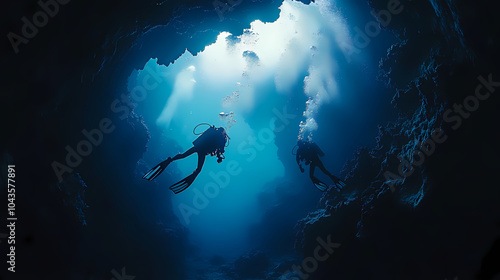 Divers pass through a cave at the bottom of the deep sea. Coral Caves. Illustration