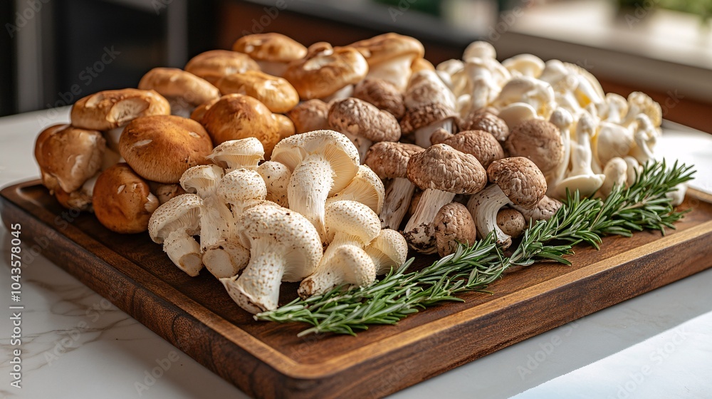 Fototapeta premium Assorted Mushrooms Displayed on Cutting Board