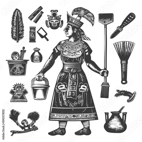 Ink Illustration of a Mayan Priest with Ritual Objects