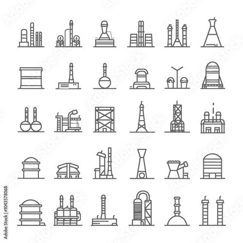 Industrial Plant and Refinery Line Icons Set