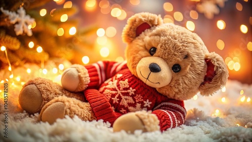 Wallpaper Mural Cuddly Caramel Teddy Bear in a Coral Christmas Sweater with Snowflakes Torontodigital.ca