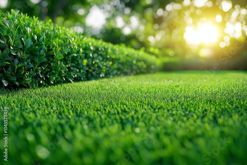 Close up of vibrant green grass and a hedge, with sunlight creating soft shadows on the lush lawn